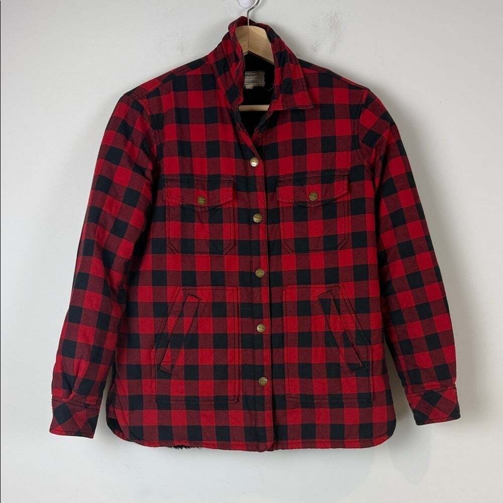Current/Elliott The Workman Shirt Jacket in Forester Plaid Sherpa lining.
